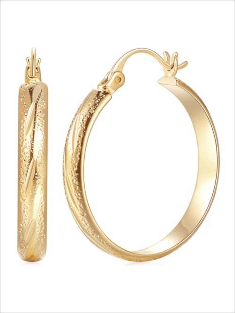 14K Gold Plated Textured Wide Flat Hoop Earrings Latch Back
